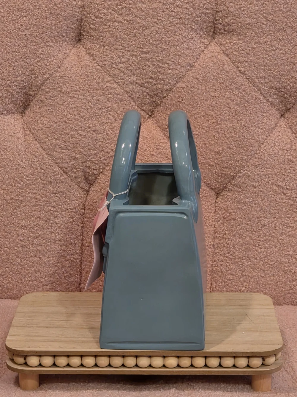 Blue Handbag with Pink Bow Accent Vase